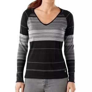 Smartwool Sulawesi Stripe V-Neck Sweater Black Gray Size Medium